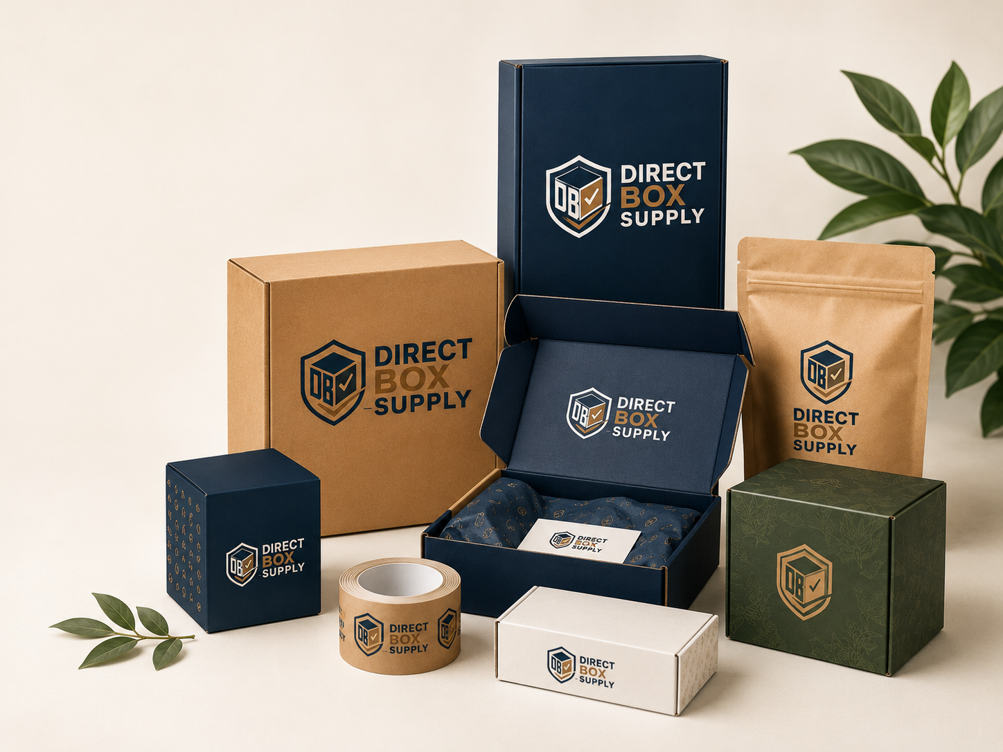 A coordinated collection of premium custom packaging including mailer, retail, and product boxes