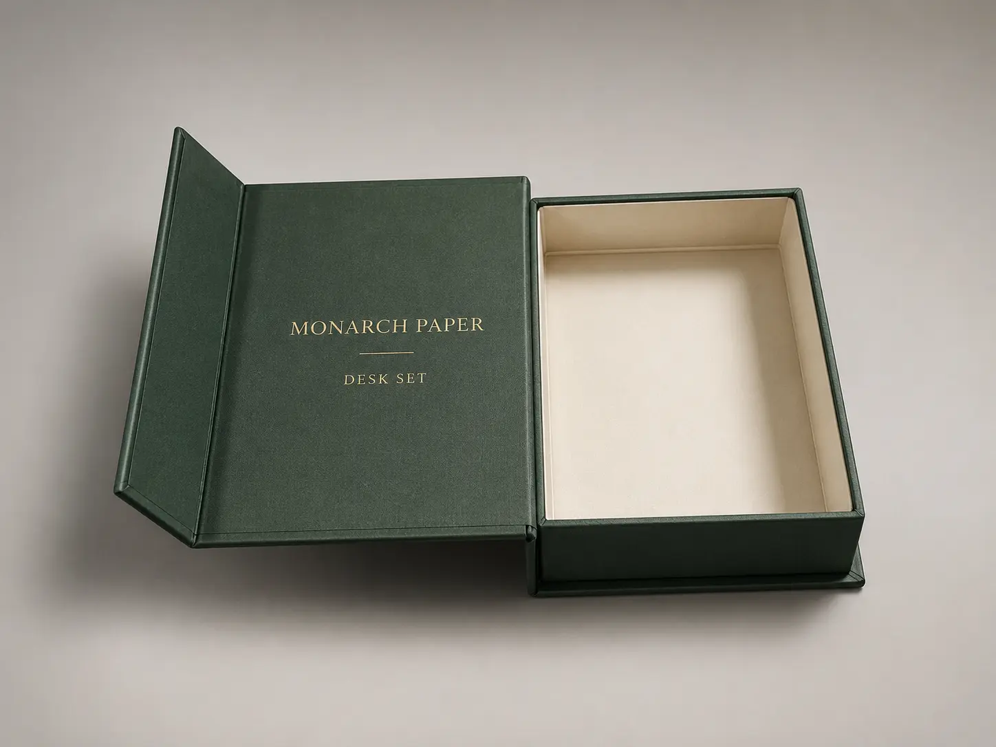 Digitally rebranded representative packaging concept illustrating hinged rigid presentation box