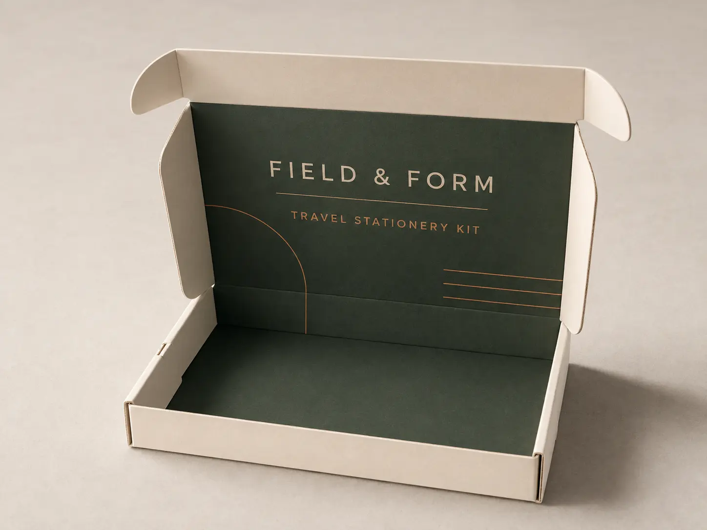 Digitally rebranded representative packaging concept illustrating interior-printed compact mailer