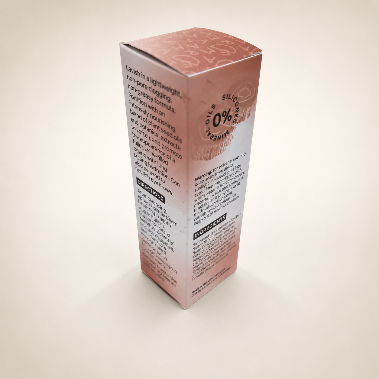 Rear three-quarter view of a blush-and-white tall folding carton with printed directions and ingredients