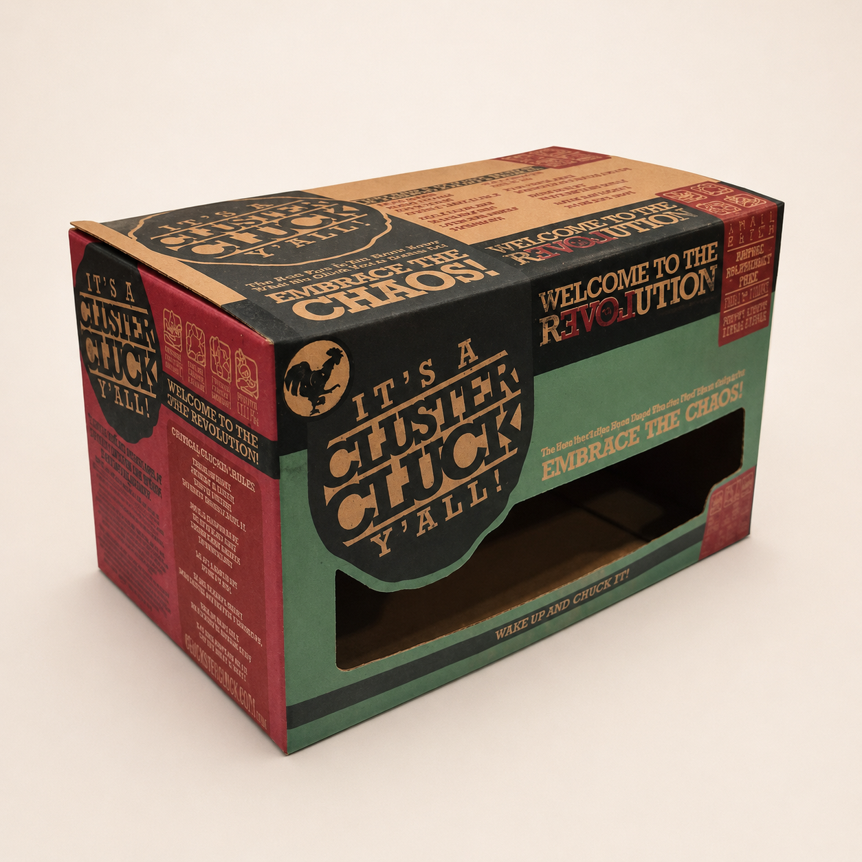 Black, green, and red printed retail display carton with a wide open product window