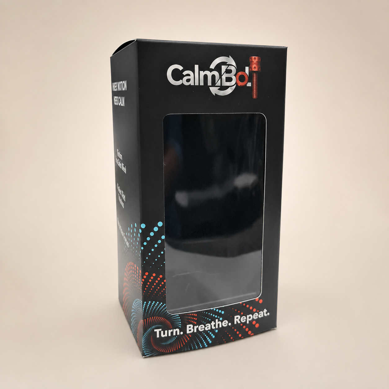 Front three-quarter view of a black folding carton with a large clear rectangular product window