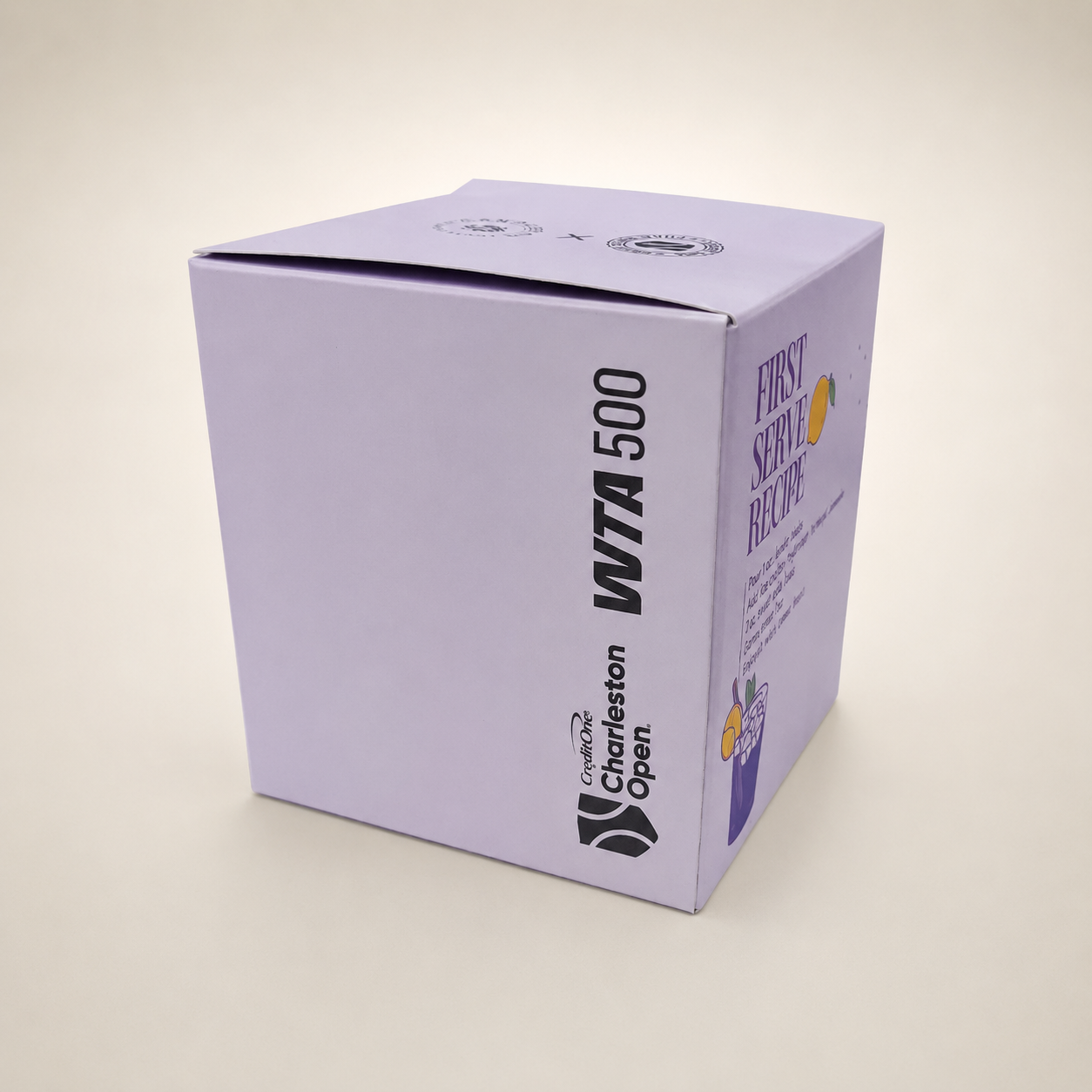 Three-quarter view of a pale-lavender cube folding carton with black vertical type and purple illustrations