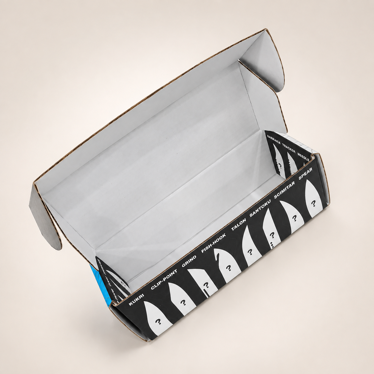Open black-and-blue corrugated folding carton viewed from above with printed interior side panels