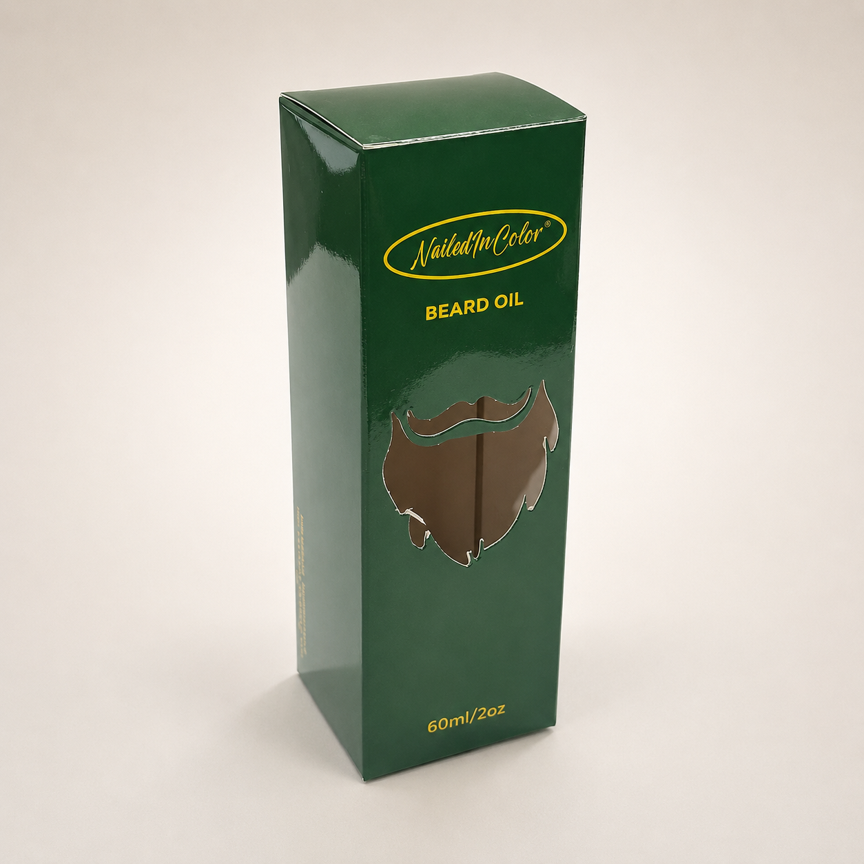 Glossy forest-green tall folding carton with gold printing and a beard-shaped die-cut window