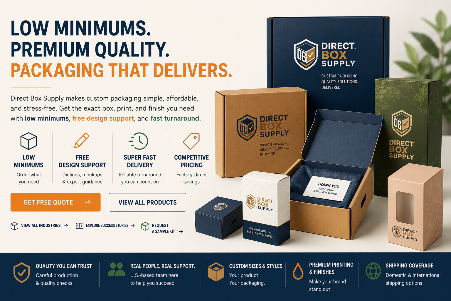 Direct Box Supply industry packaging promotion featuring custom branded boxes