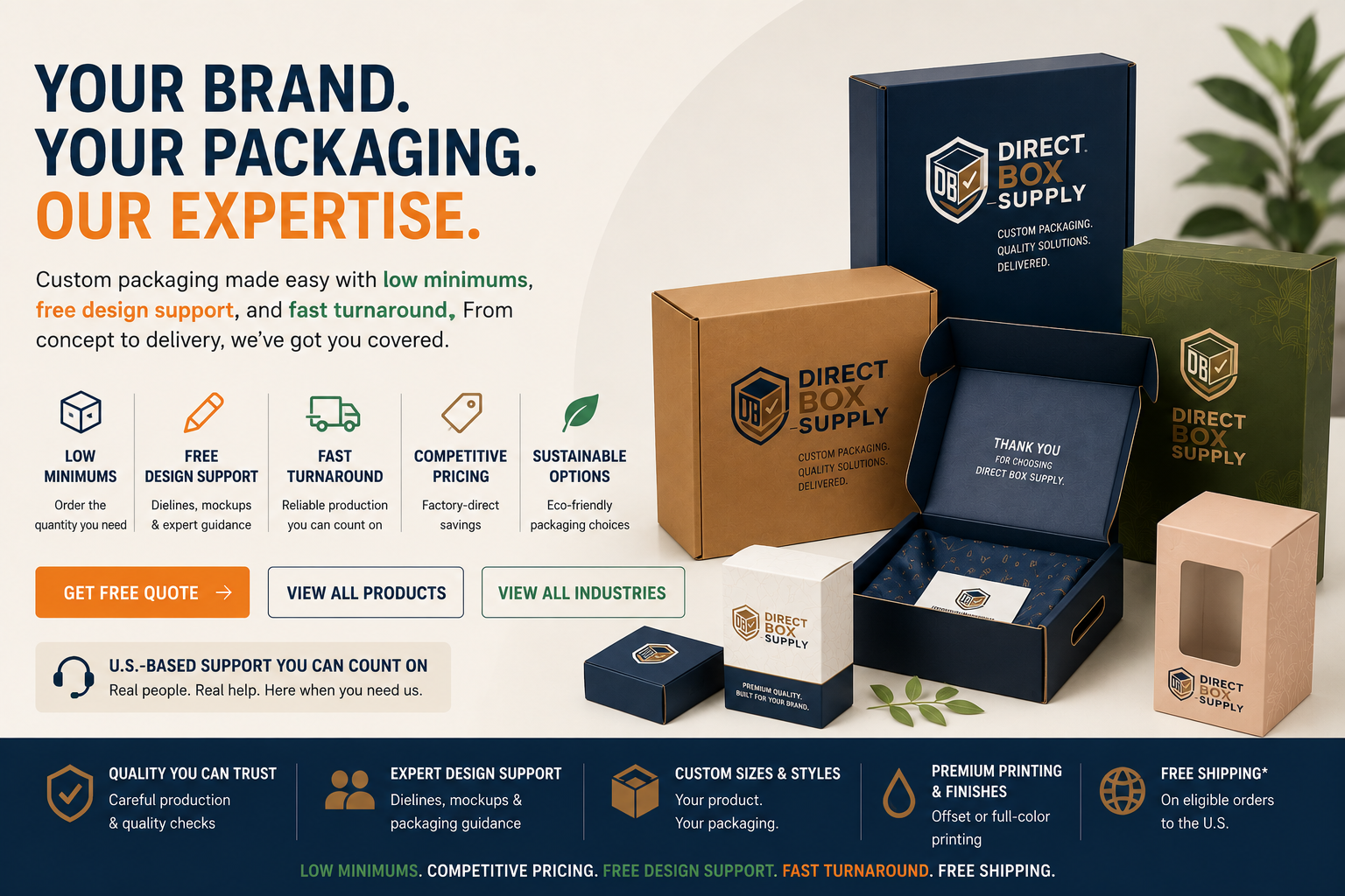 Direct Box Supply materials and packaging promotion featuring custom sizes, finishes, and sustainable options