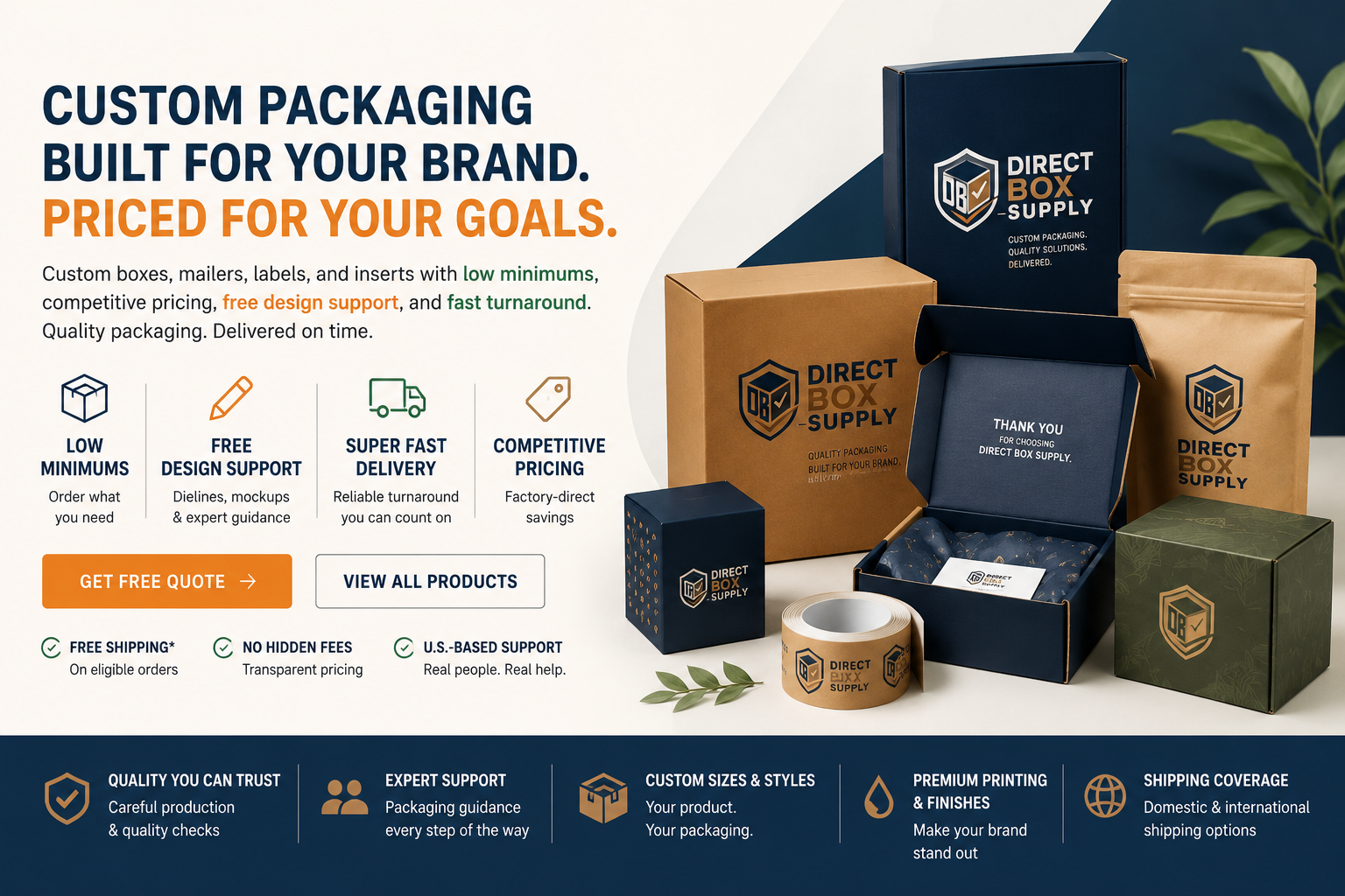 Direct Box Supply product packaging promotion featuring boxes, mailers, labels, and inserts